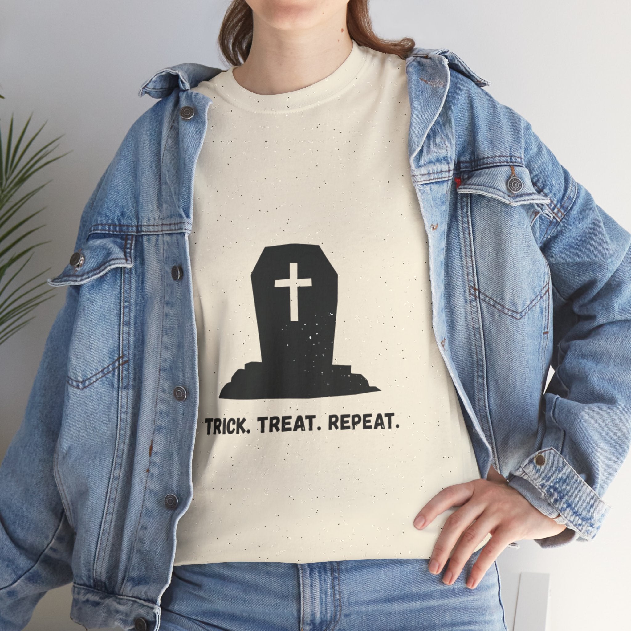 Halloween Unisex Heavy Cotton Tee | Trick Treat Repeat | Spooky T-Shirt for Halloween, Fall Fashion, Costume Party, Ghosts, Ghouls