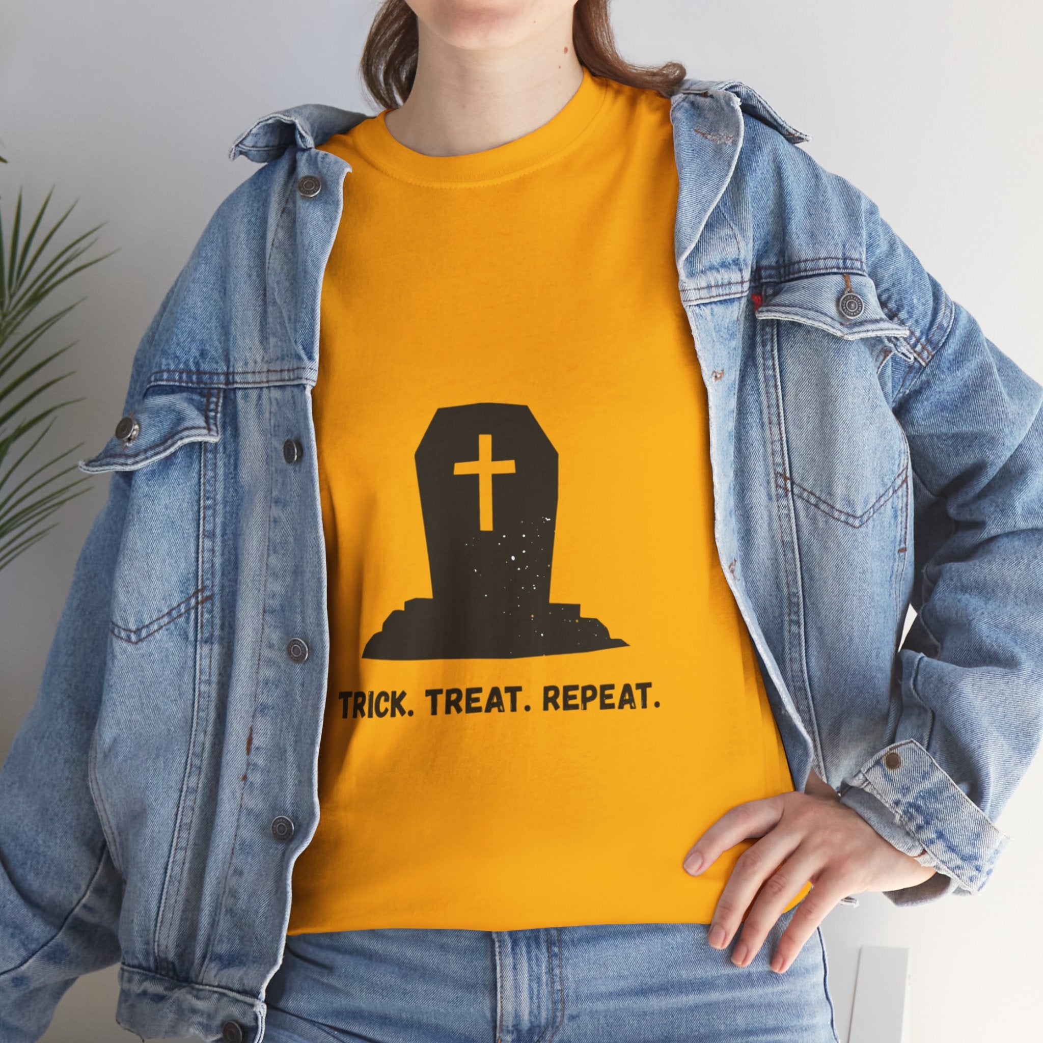 Halloween Unisex Heavy Cotton Tee | Trick Treat Repeat | Spooky T-Shirt for Halloween, Fall Fashion, Costume Party, Ghosts, Ghouls