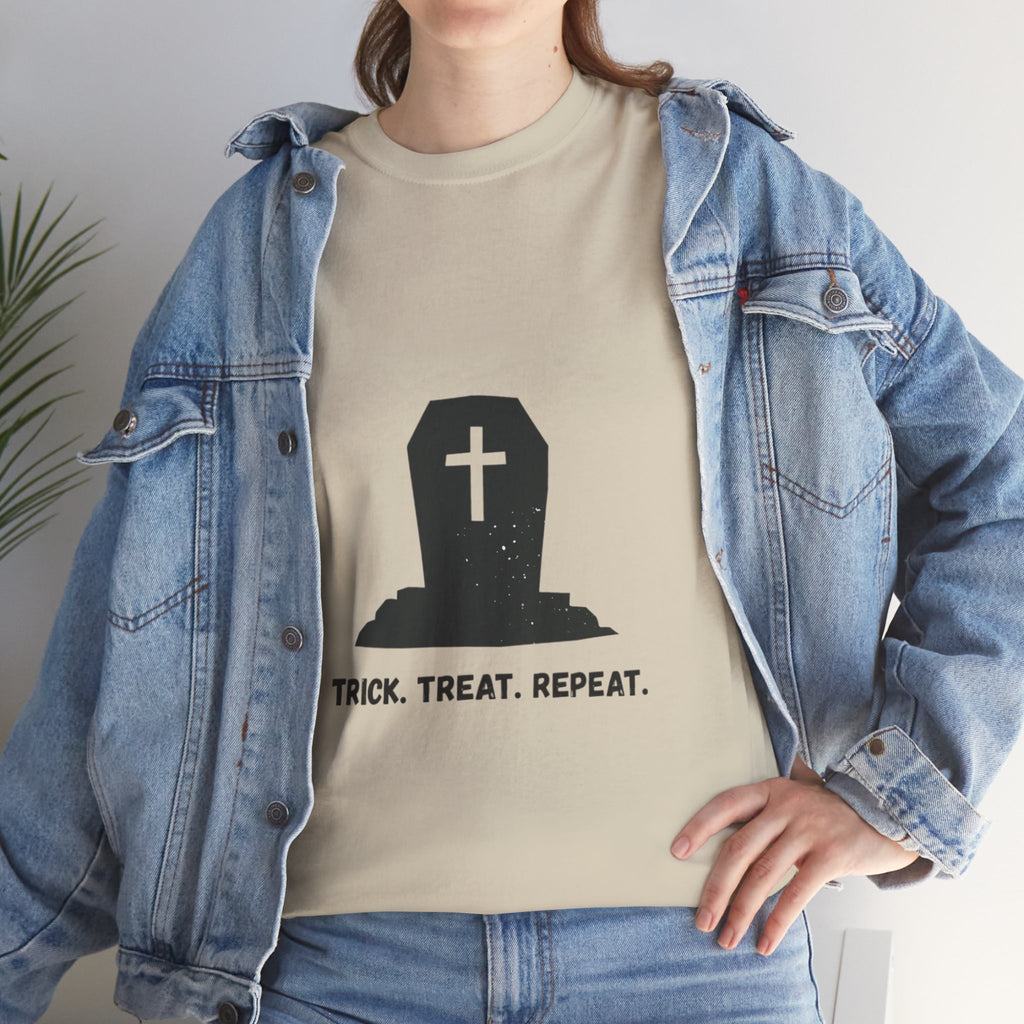 Halloween Unisex Heavy Cotton Tee | Trick Treat Repeat | Spooky T-Shirt for Halloween, Fall Fashion, Costume Party, Ghosts, Ghouls