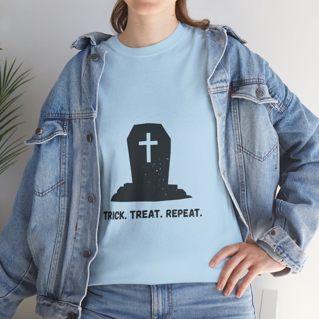 Halloween Unisex Heavy Cotton Tee | Trick Treat Repeat | Spooky T-Shirt for Halloween, Fall Fashion, Costume Party, Ghosts, Ghouls