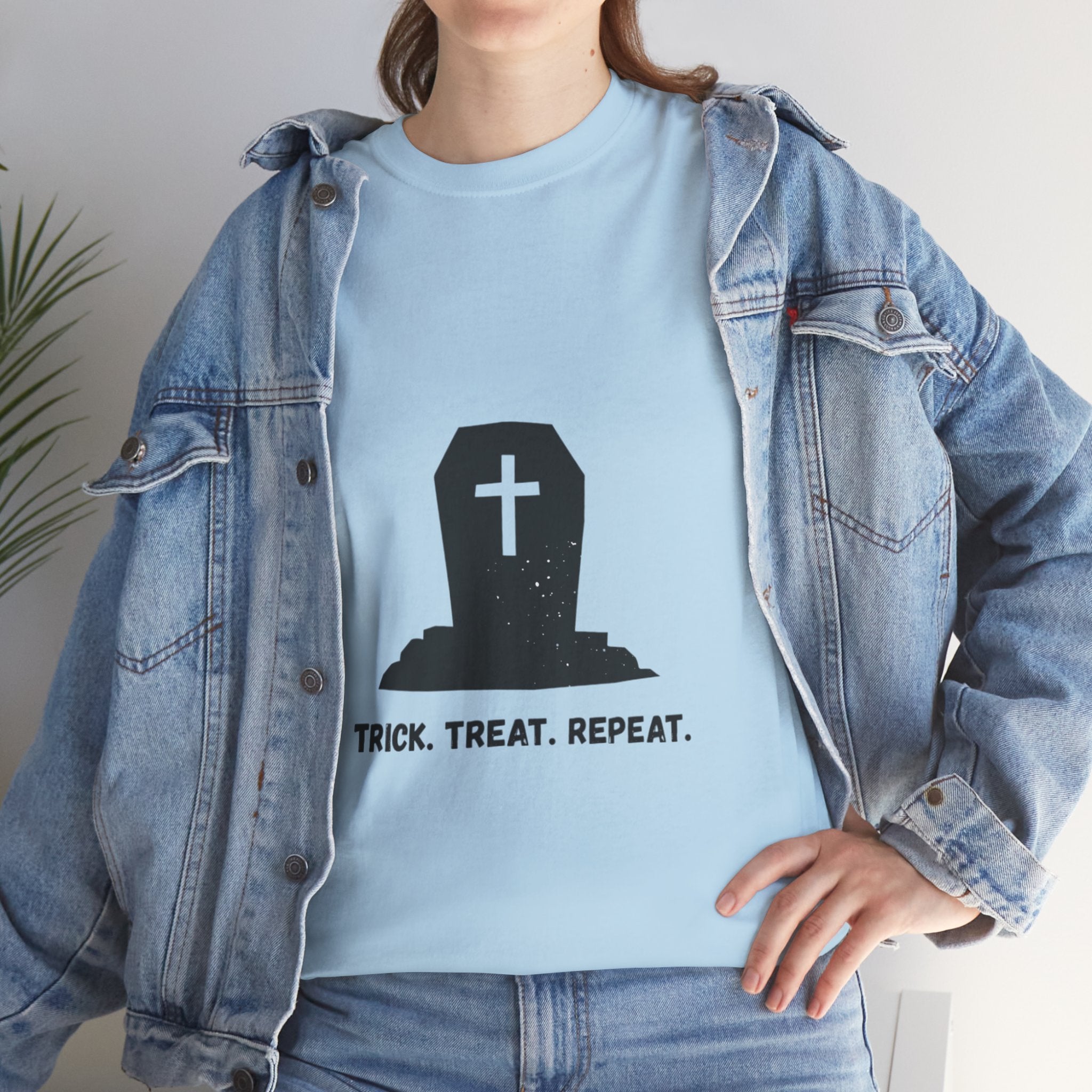 Halloween Unisex Heavy Cotton Tee | Trick Treat Repeat | Spooky T-Shirt for Halloween, Fall Fashion, Costume Party, Ghosts, Ghouls