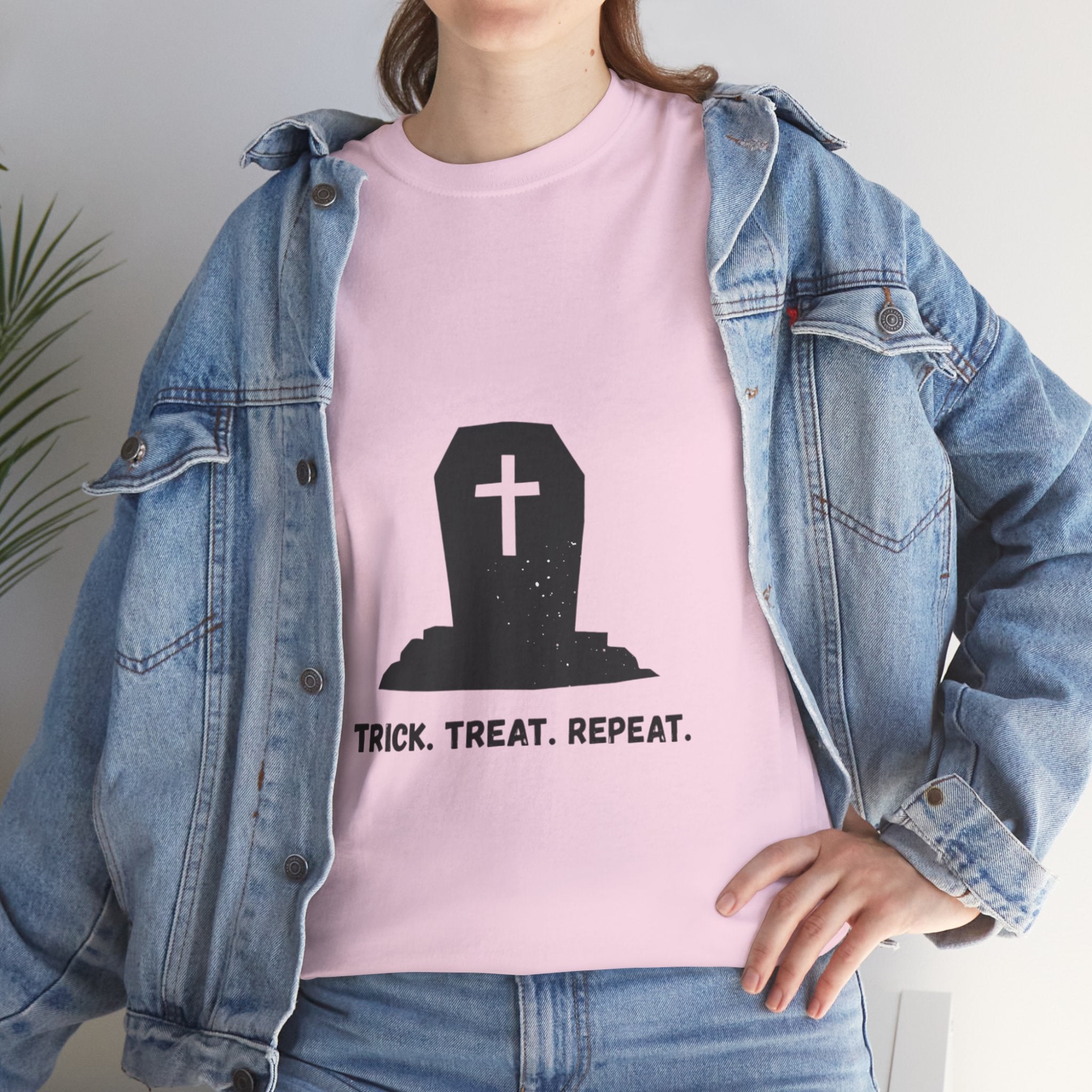Halloween Unisex Heavy Cotton Tee | Trick Treat Repeat | Spooky T-Shirt for Halloween, Fall Fashion, Costume Party, Ghosts, Ghouls