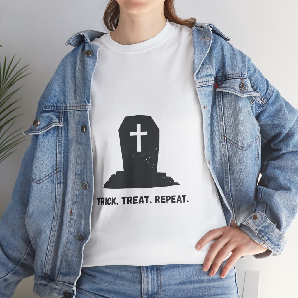 Halloween Unisex Heavy Cotton Tee | Trick Treat Repeat | Spooky T-Shirt for Halloween, Fall Fashion, Costume Party, Ghosts, Ghouls