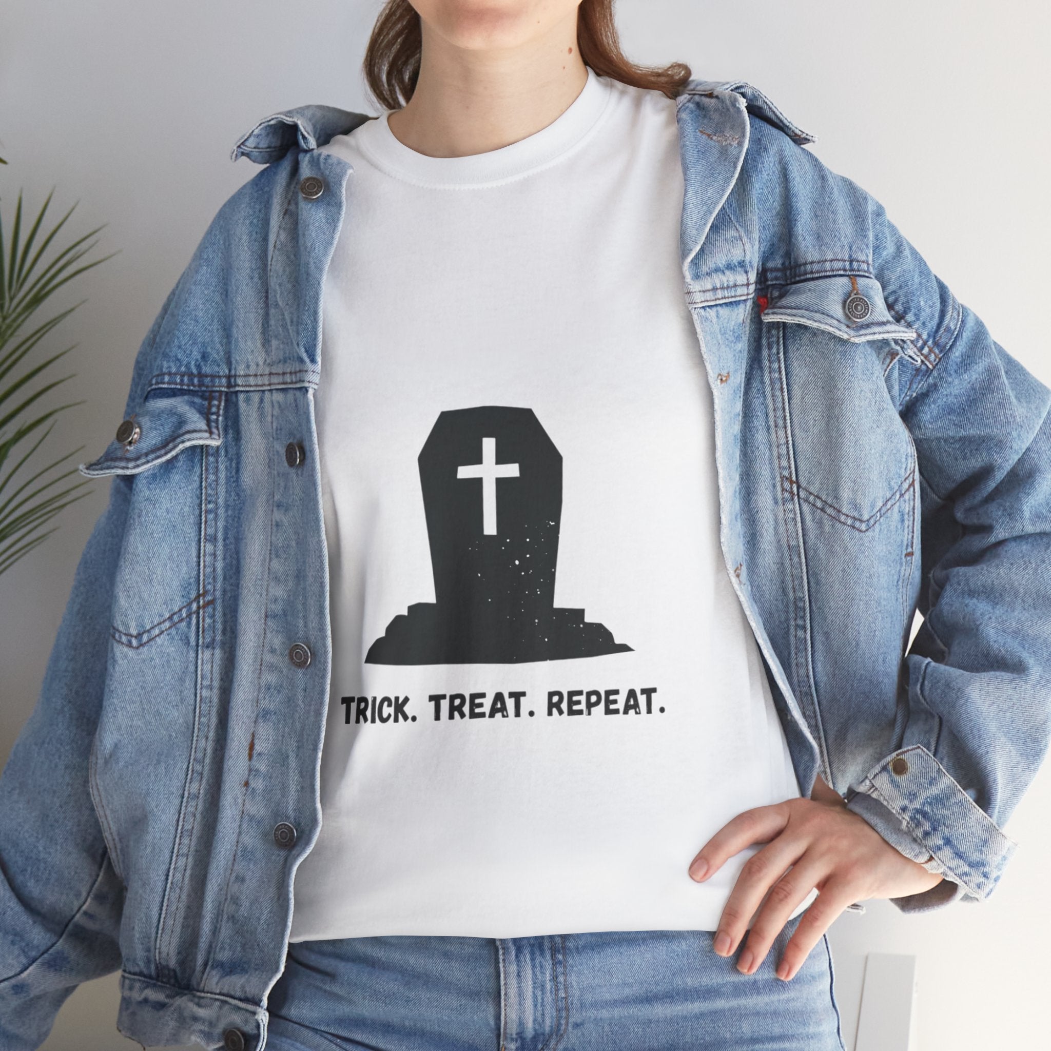 Halloween Unisex Heavy Cotton Tee | Trick Treat Repeat | Spooky T-Shirt for Halloween, Fall Fashion, Costume Party, Ghosts, Ghouls