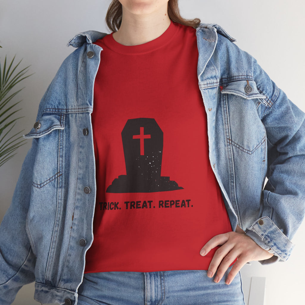 Halloween Unisex Heavy Cotton Tee | Trick Treat Repeat | Spooky T-Shirt for Halloween, Fall Fashion, Costume Party, Ghosts, Ghouls