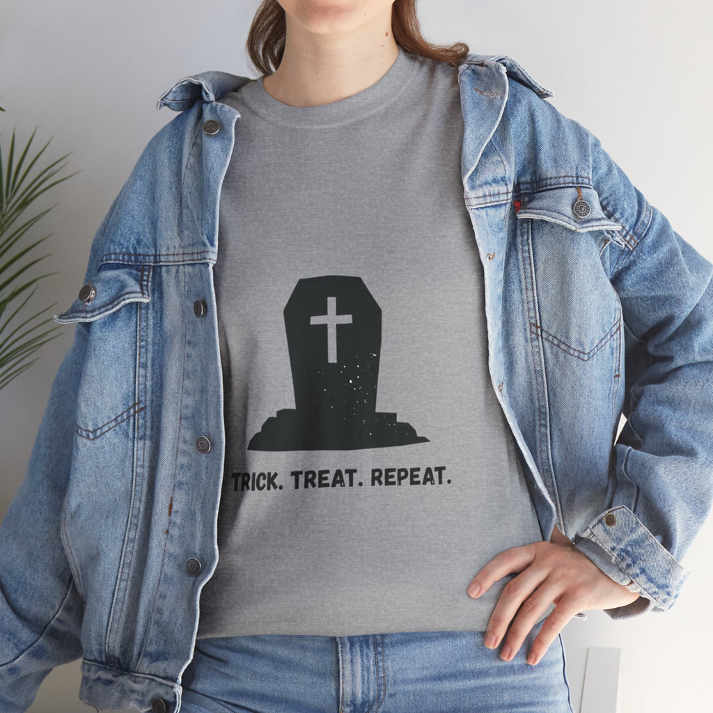 Halloween Unisex Heavy Cotton Tee | Trick Treat Repeat | Spooky T-Shirt for Halloween, Fall Fashion, Costume Party, Ghosts, Ghouls