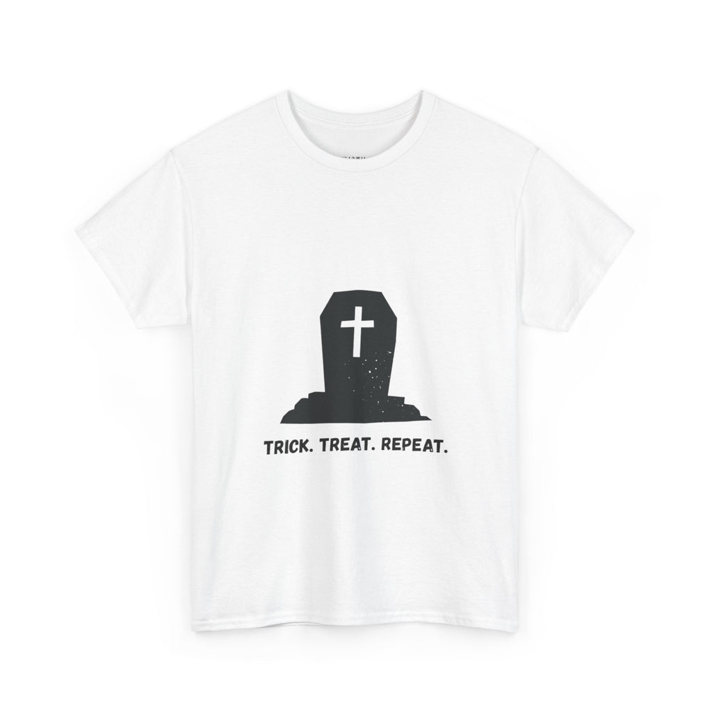 Halloween Unisex Heavy Cotton Tee | Trick Treat Repeat | Spooky T-Shirt for Halloween, Fall Fashion, Costume Party, Ghosts, Ghouls